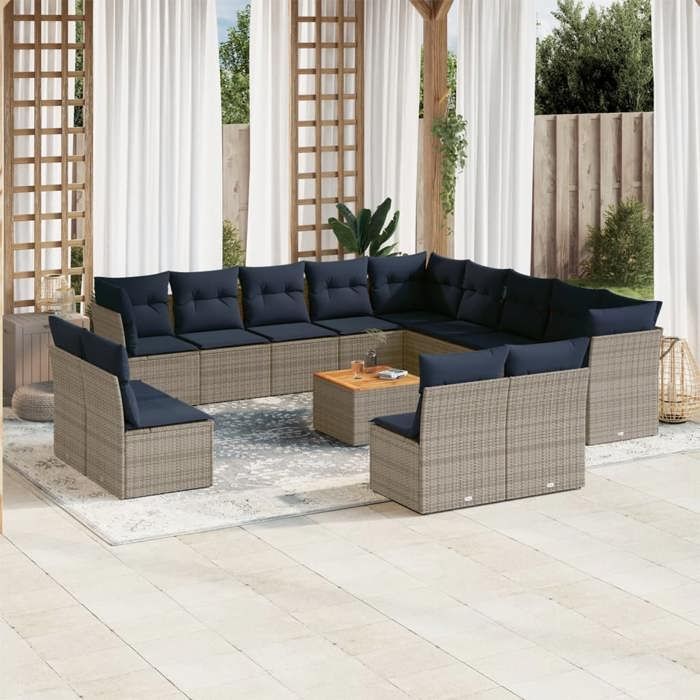 VidaXL Salon de Jardin avec Coussins 14 pcs, Canapés de Patio, Ensemble de Meubles, Mobilier de Terrasse Exterieur, Gris 3256271