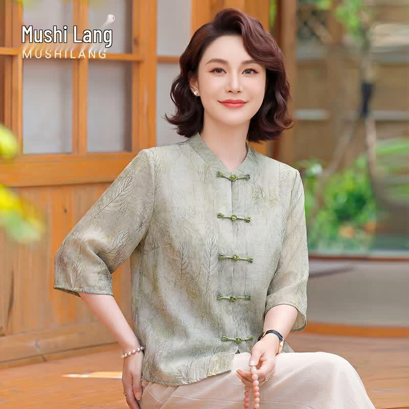 MUSHILANG Women s New Chinese Style Ink Bamboo Print Shirt 4XL