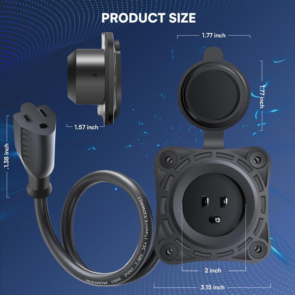 1 Pack 15 Amp RV Shore Power Inlet Socket,125V AC Port RV Plug Receptacles 18" NEMA 5-15 Integrated Extension Cord Waterproof Outlet Electrical