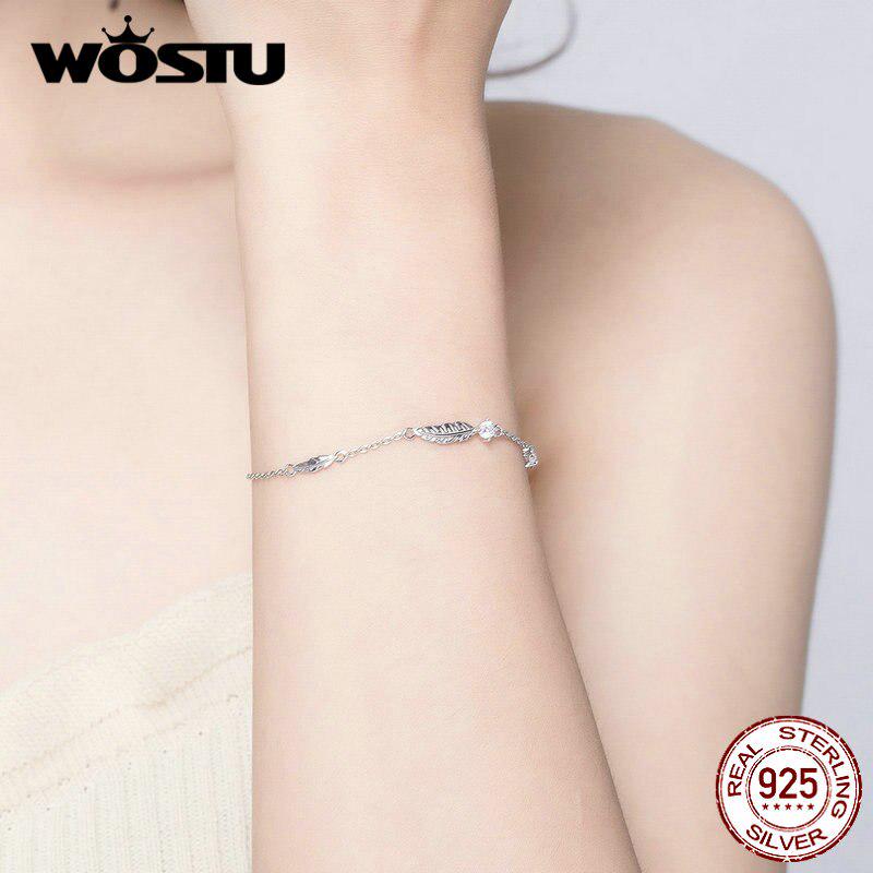 WOSTU European Style Feather Bracelets 925 Sterling Silver CZ Stone Chain Link Women Silver Jewelry
