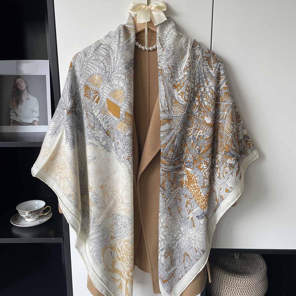 130*130cm 30% Seide +70% Wolle Schal Retro Vintage Luxuriös Weich Stola Groß Warm Winter Wickeltuch für Damen