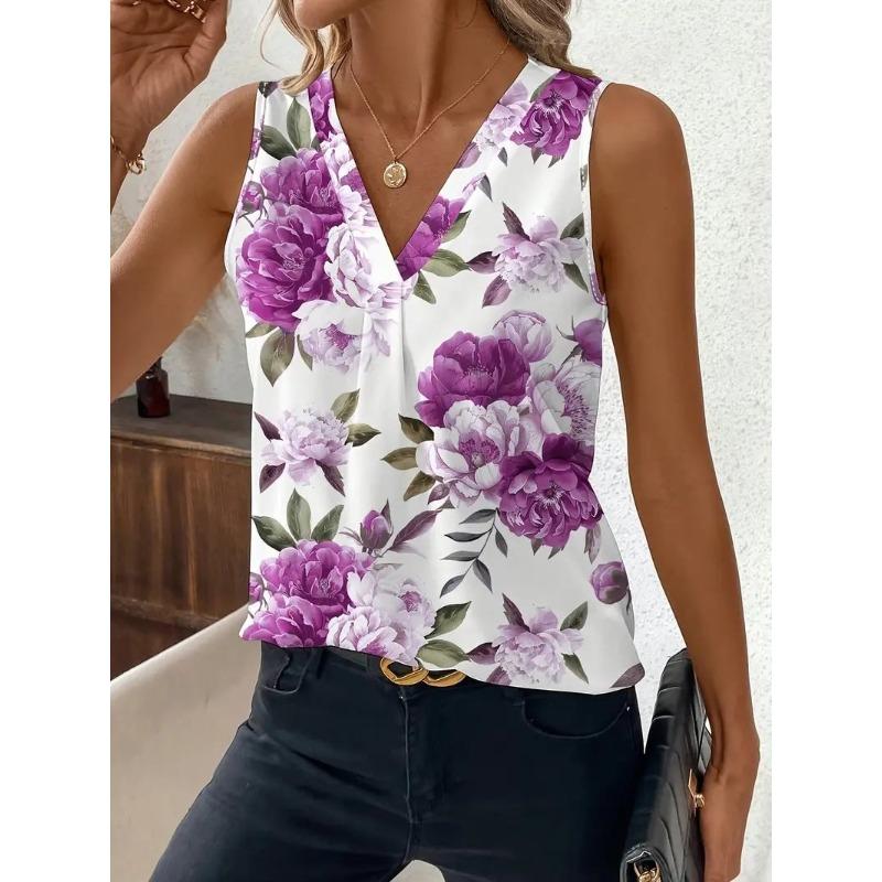 Summer Women's Camisole Vest Casual Round Neck Pullover Digital Print Tops Camisole