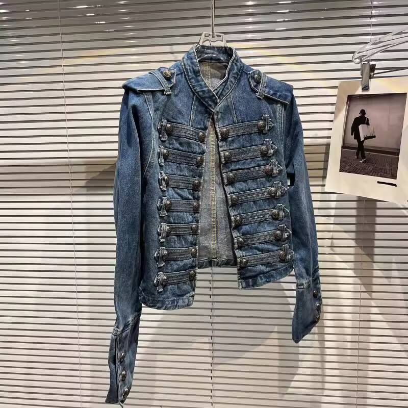 DRIPX Autumn New Fashion Metal Buckle Design Shoulder Strap Denim Short Jacket For Women High Street Coat Female