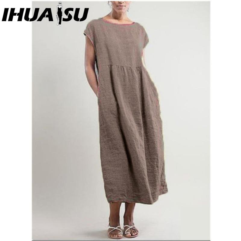 IHUASU Women's Fashion Summer Spring Solid Color Print O-Neck High Waist Casual Dresses