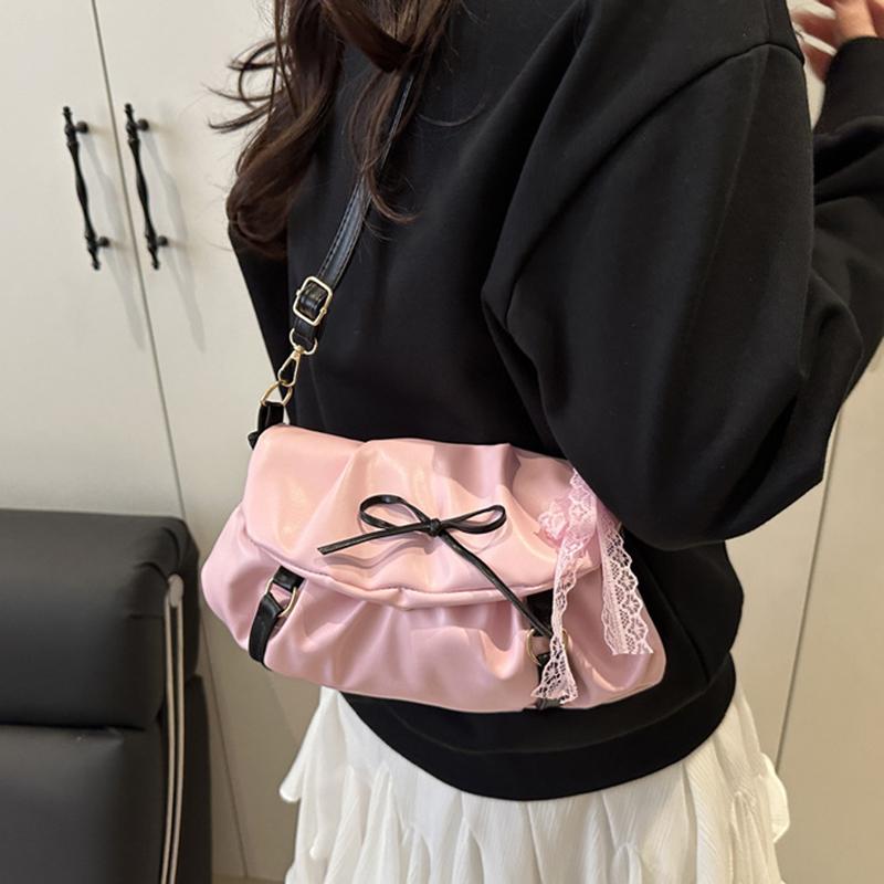 Y2K Sweet Ballerina Inspired Women's Crossbody Bag Fashion Soft Pink Bow Decor PU Leather Shoulder Bag for Commuting, Dating, Casual Outings CLE