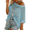 Top Sexy de Verano de Manga Cinco Cuartos con Aberturas y Calado, Jersey de Punto para Mujer