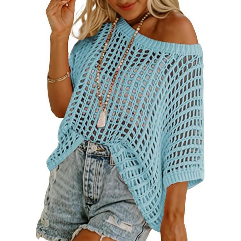 

Летний топ с рукавом пять четвертей, сексуальный вырез и ажурный, пуловер, пляжная туника, вязаный свитер для женщин XXXL светло-синий