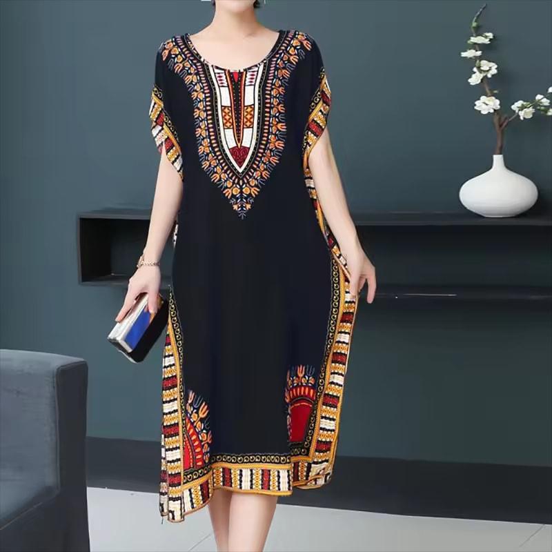 Casual Elegant Bohemian Printed Ethnic Style Retro Floral Woman Summer Street Wear Batwing Sleeve Loose Tunic Maternity Dress