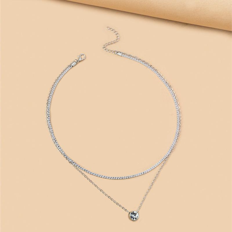 New silver-plated flat snake chain crystal pendant necklace women's fashion versatile style double-layer sweater chain collarbone chain