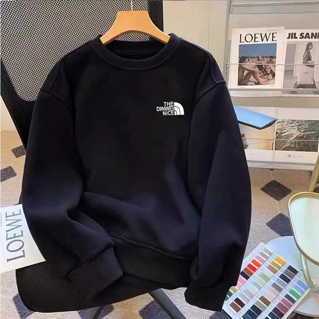 2025 Men’s Plus Velvet Cotton Hoodie – Round Neck, Long Sleeve, Casual Loose Fit, Trendy Base Layer for Autumn/Winter