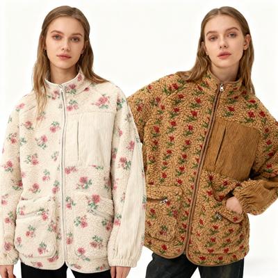 Fashion Wool Fleece Flower Warm Zipper Sweater Jacket Stand Collar Loose Jacket Thickened Autumn/winter Women Clothing