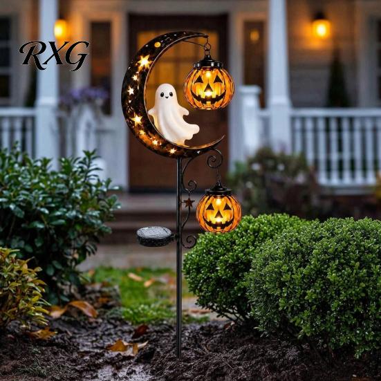 Spooky Halloween Outdoor Displays Solar White Ghost Pumpkin Moon Garden Stake Light, Waterproof LED Decorative Stakes for Flower Beds Yard Decoration,