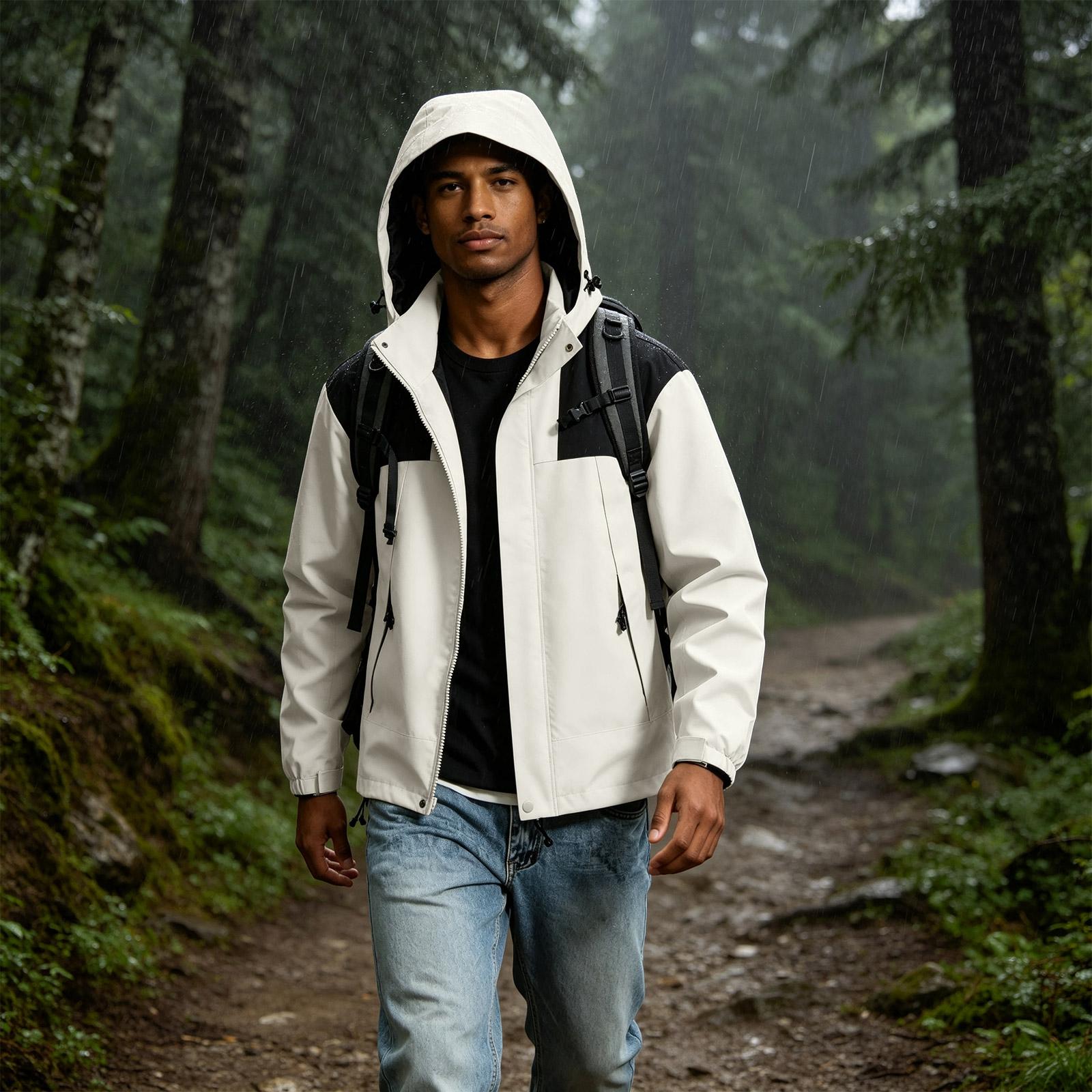 Men s Colorblock - Hooded Jacket, Windproof Long Sleeve Zip-Up Outdoor Coat XL