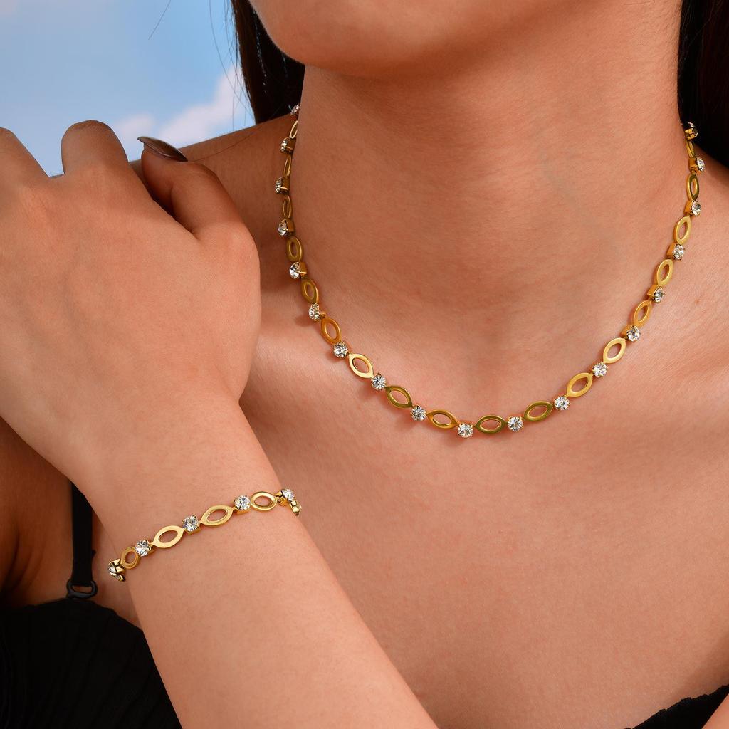 Women's Stainless Steel Oval Rhinestone Bracelet Necklace BR-2527