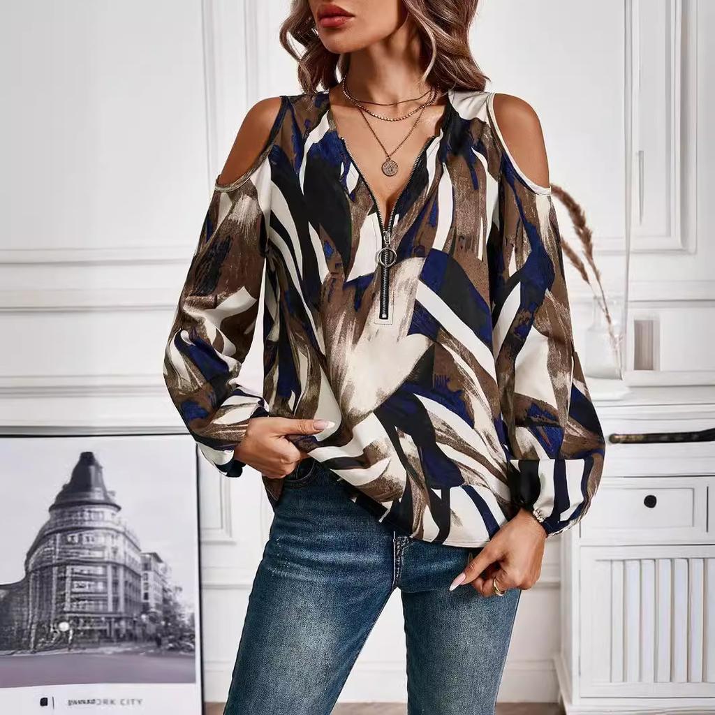 Elegant Long-sleeved V-neck Zipper Women’s T-shirts