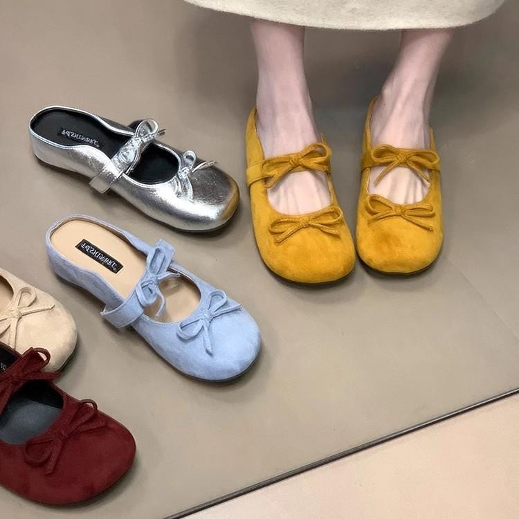 Soft leather version~ Double bow suede bag head drag, new retro thick-soled inner height-increasing Boken shoes in summer 2025