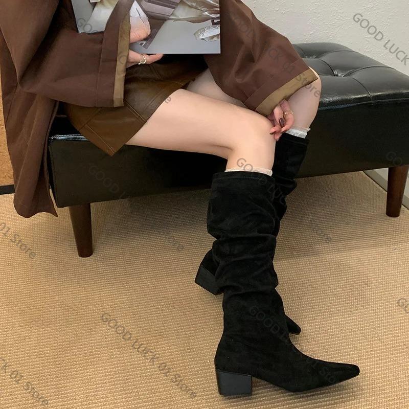 Fashion 2025 Design Pleated Woman Knee-High Boots Fashion Pointed Toe Long Booties Autumn Winter Square Heels Slim Shoes