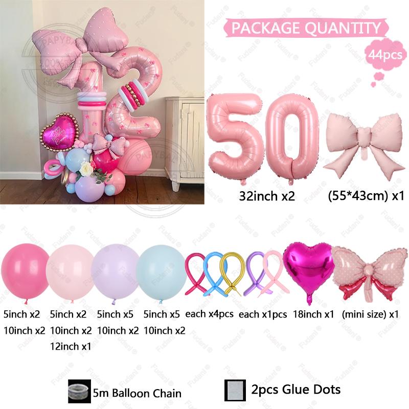43PCS Pink Bow Theme Bouquet Balloon Set with 32inch Pink Number Girl First Birthday Party Decoration Baby Shower Helium Globos