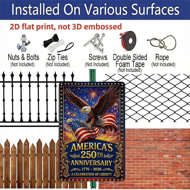 2D Flat Decorative 8×12 Inch Aluminum Plaque Metal Sign | America's 250th Anniversary (1776-2026): Bald Eagle & US Flag with Fireworks; A Celebration