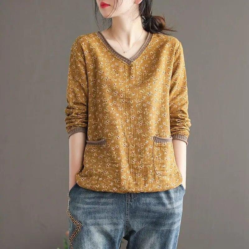 Maglietta Primaverile Taglia Forte da Donna Retro Floreale con Scollo a V a Maniche Lunghe Top Largo Versatile in Cotone e Lino