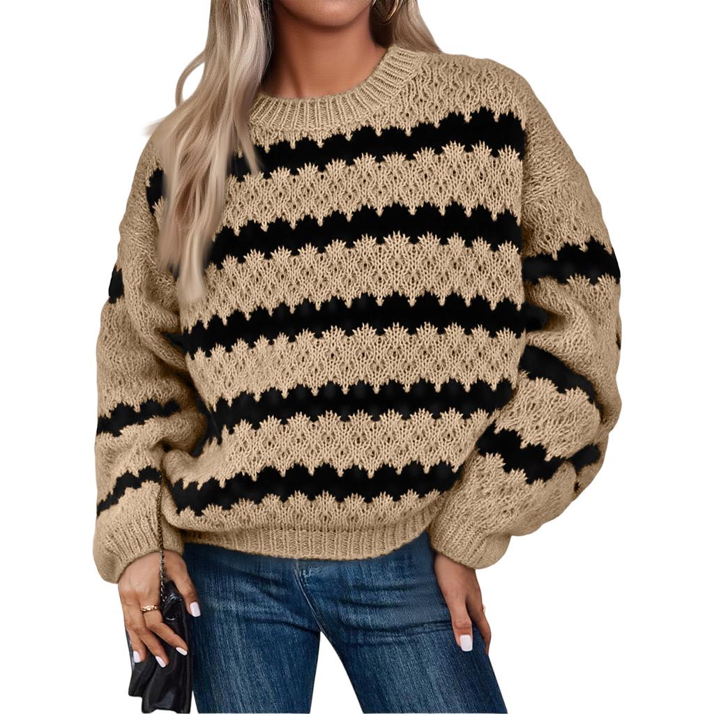 Women's Fashionable Loose Knit Pullover Striped Sweater