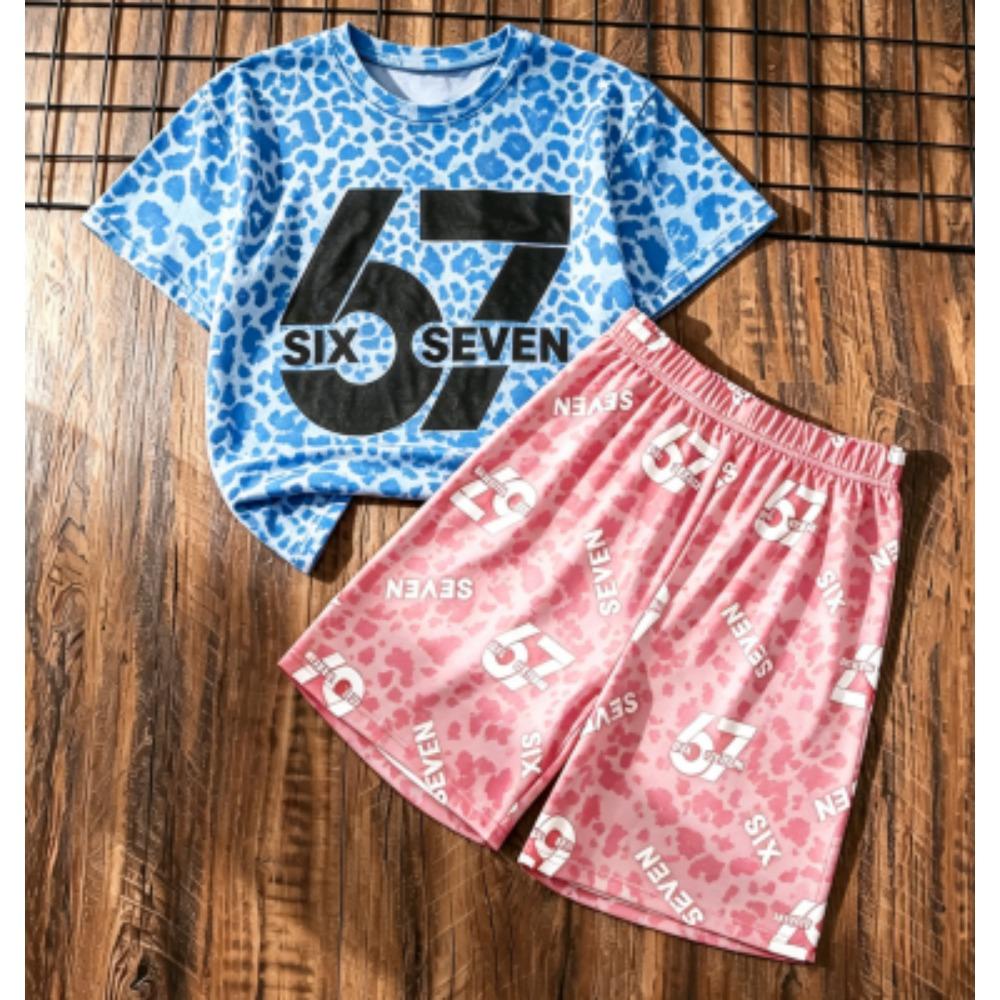 Fashion Kids Set Stripe 67 Number Printed Kids T-shirt and Shorts 2 Piece Set Summer Street Casual Outdoor Boy's and Girl's T-shirt Sets