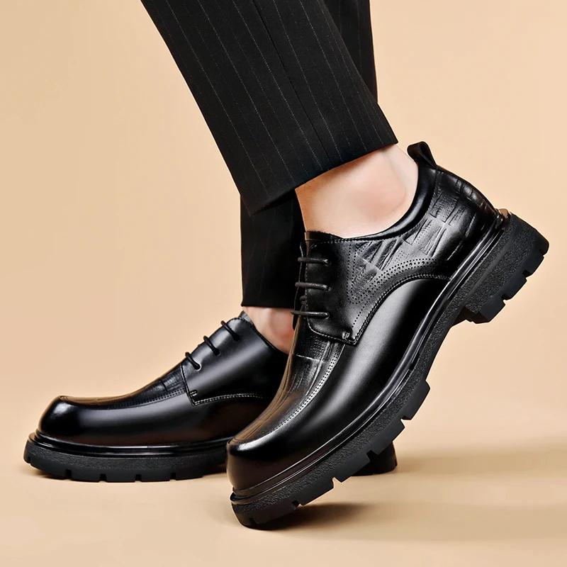 Thick Bottom Mens Dress Shoes Fashion Pointed Toe Men'S Business Casual Shoes Brand Leather Walking Footwear Lace-Up Men'S Shoes