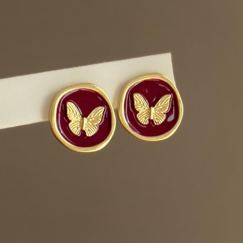 New Year's red flower flocking stud earrings women's niche earrings versatile earrings autumn and winter