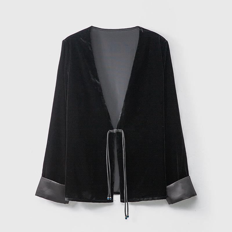 

Женский кардиган из шелкового бархата: Китайский тутовый шелк, на одной пуговице, свободного кроя, с длинным рукавом, для чаепития Large чёрный