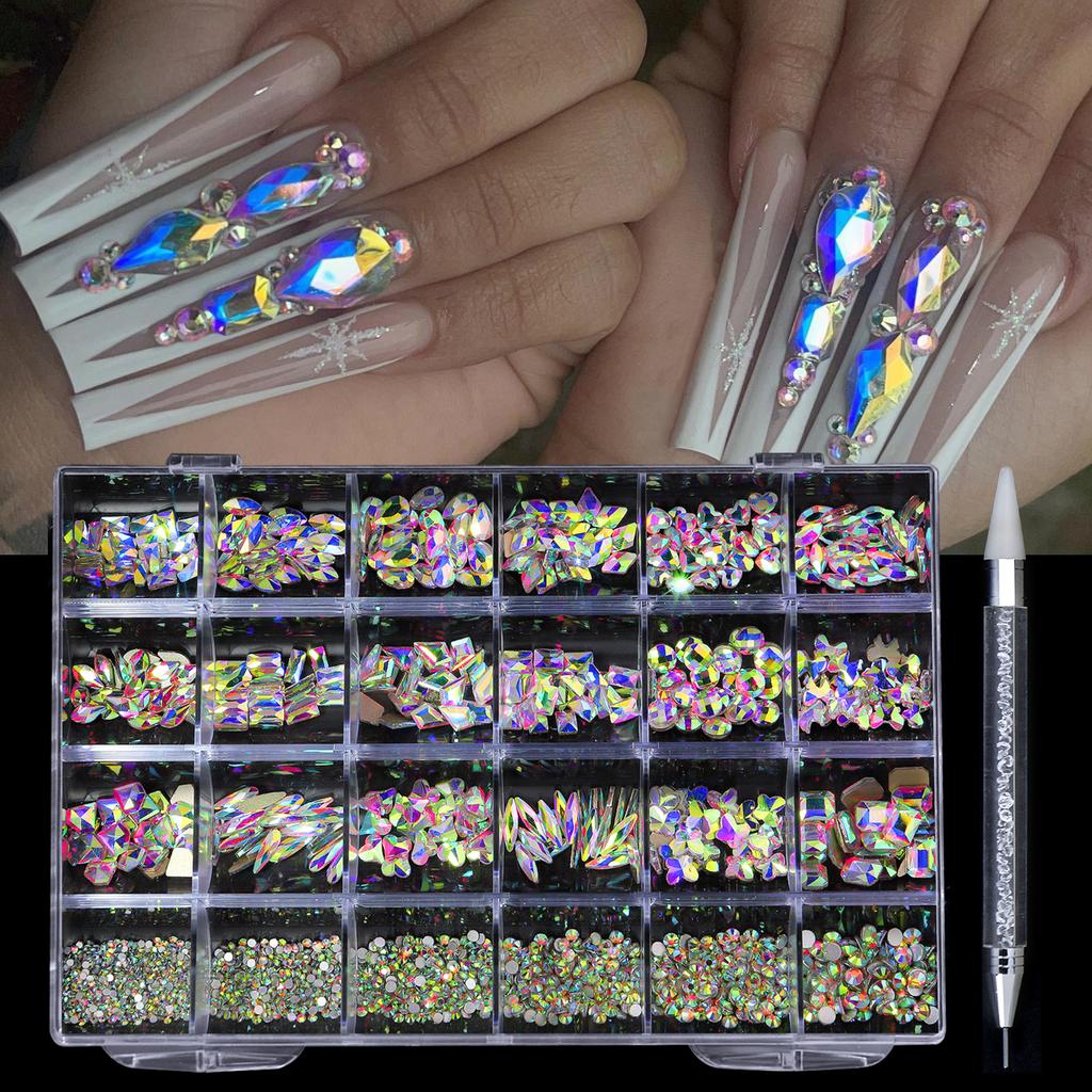Hot Sale 21 Shapes Jewelry Luxury Shiny Diamond DIY Nail Art Rhinestones Kit Glass Crystal Decorations Set Give 1pcs Pen