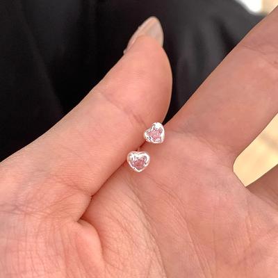 Korean Version of Simple Mini Pink Zirconium Love Stud Earrings Women's Small Earrings Sweet Earrings