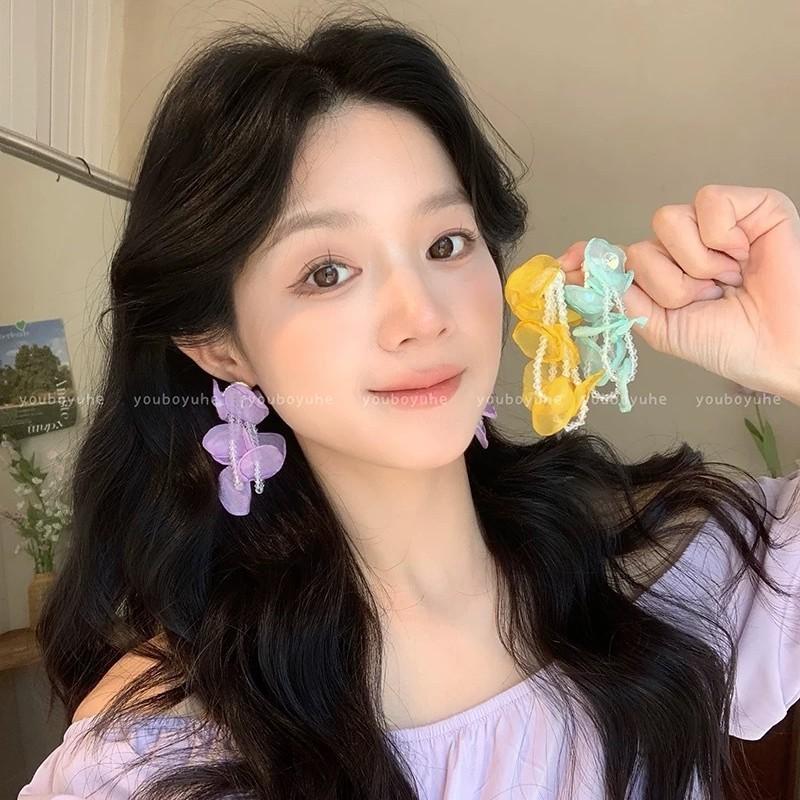 Fabric Flower Fringed Earrings Super Fairy Temperament Versatile Stud Earrings Niche Fashion High Sense Earrings Women