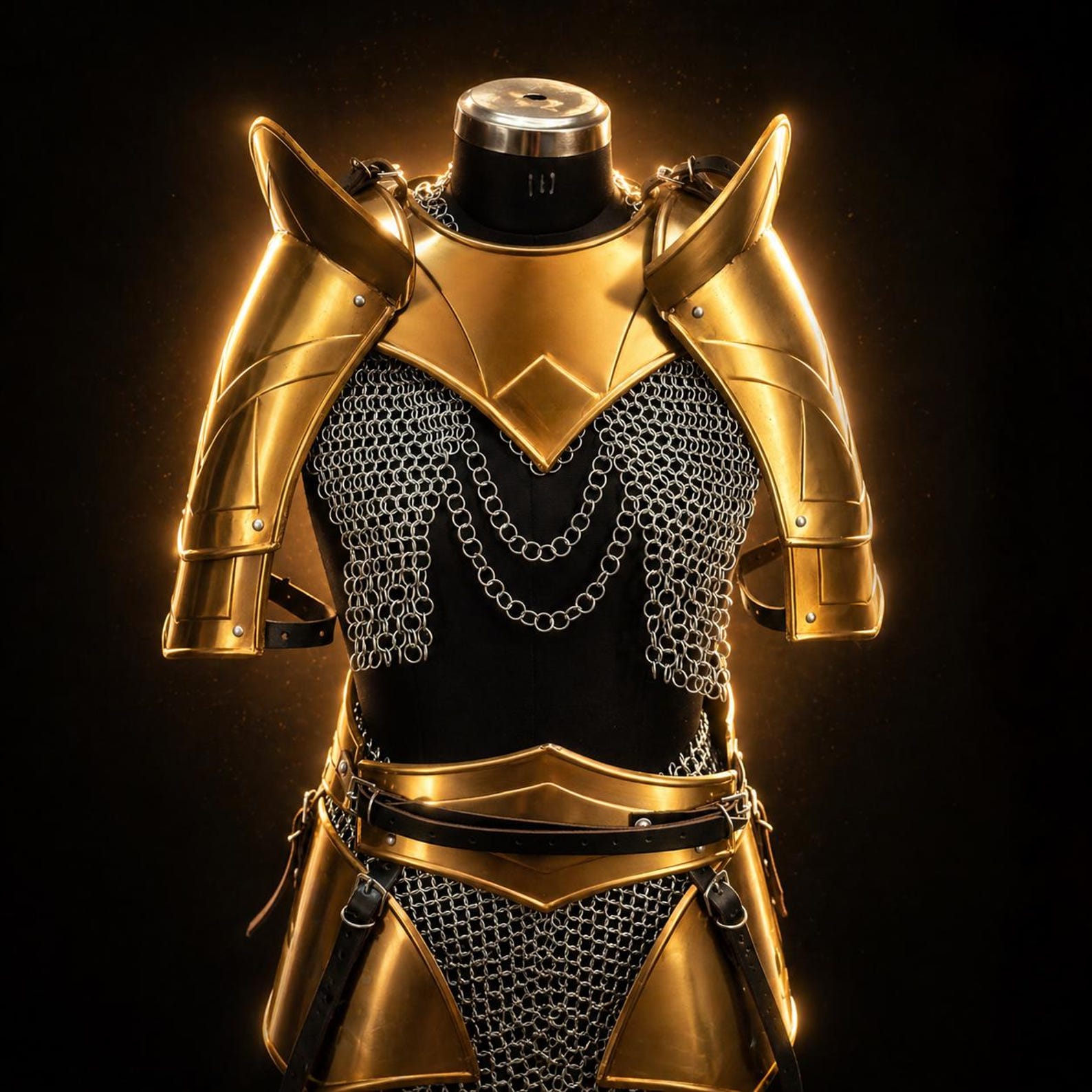 Medieval Golden Armor Costume – Handmade Knight Chest Plate with Chainmail Outfit
