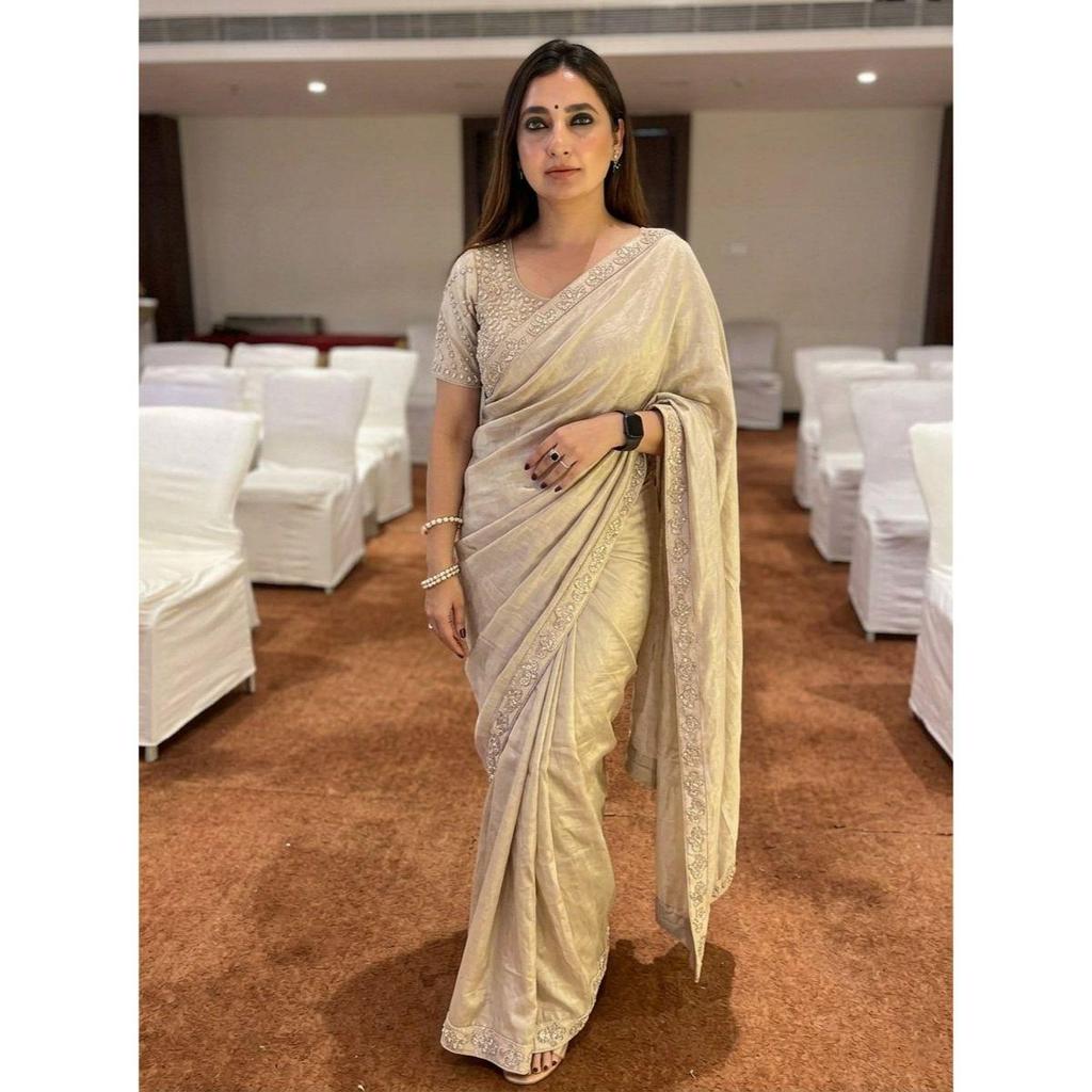 DESIGNER PARTY WEAR COLLECTION | Fendy Satin Silk Saree with Heavy Beads & Sequence Embroidery