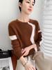 Women's Cashmere Color Block Round Neck Pullover Sweater - Elegant Style, Warm Knit