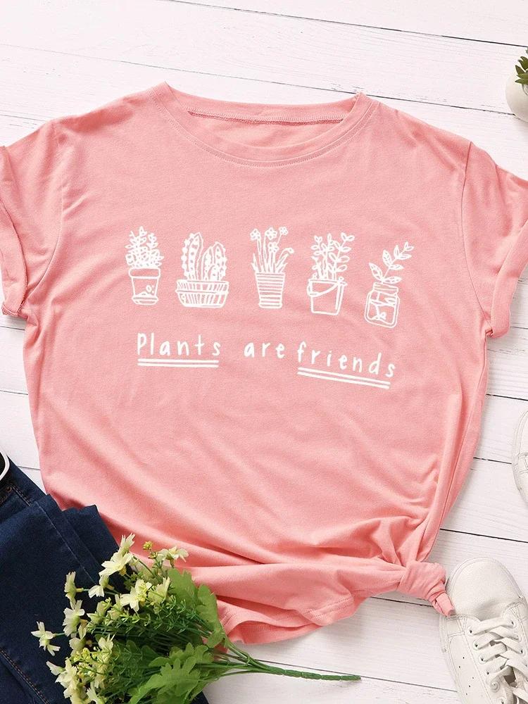 Plant Are Friends Print Women T Shirt Short Sleeve O Neck Loose Women Tshirt Ladies Tee Shirt Tops Clothes Camisetas Mujer