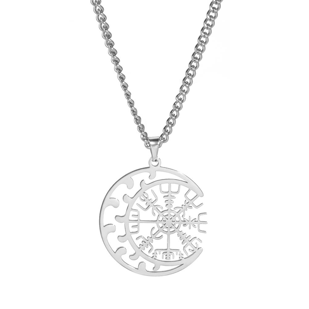 

Vegvisir Stainless Steel Compass Necklaces for Men Norse Runes Amulet Helm of Awe Pendant Supernatural Moon Jewelry