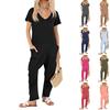 Women's Casual Short Sleeve High Waist Pockets V Neck Loose Jumpsuits Long Pants Wide Rompers