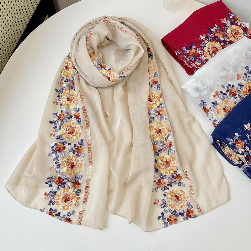 New Soft Cotton Hijab Scarf Embroidery Floral Shawls For Women Muslim Solid Pashmina Autumn Wraps Headband 180*90cm
