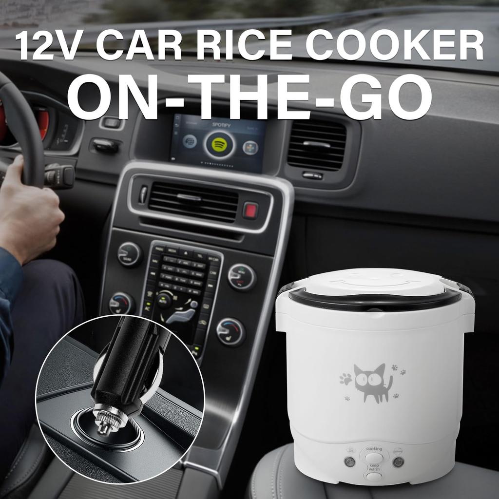 OSBA Mini Rice Cooker, 1L Small Rice Cooker 2 Cup-uncooked Travel Rice Maker 12V for Car with Steamer, Auto Keep Warm Suitable For 1-2 People, White