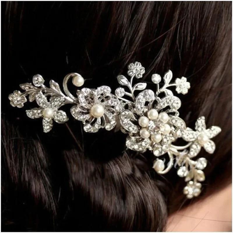 Fashion Flower Pearl Crystal Hair Clip Wedding Bride Comb Hairpin Styling Accessories Elegant Women's Headwear Festival Gifts