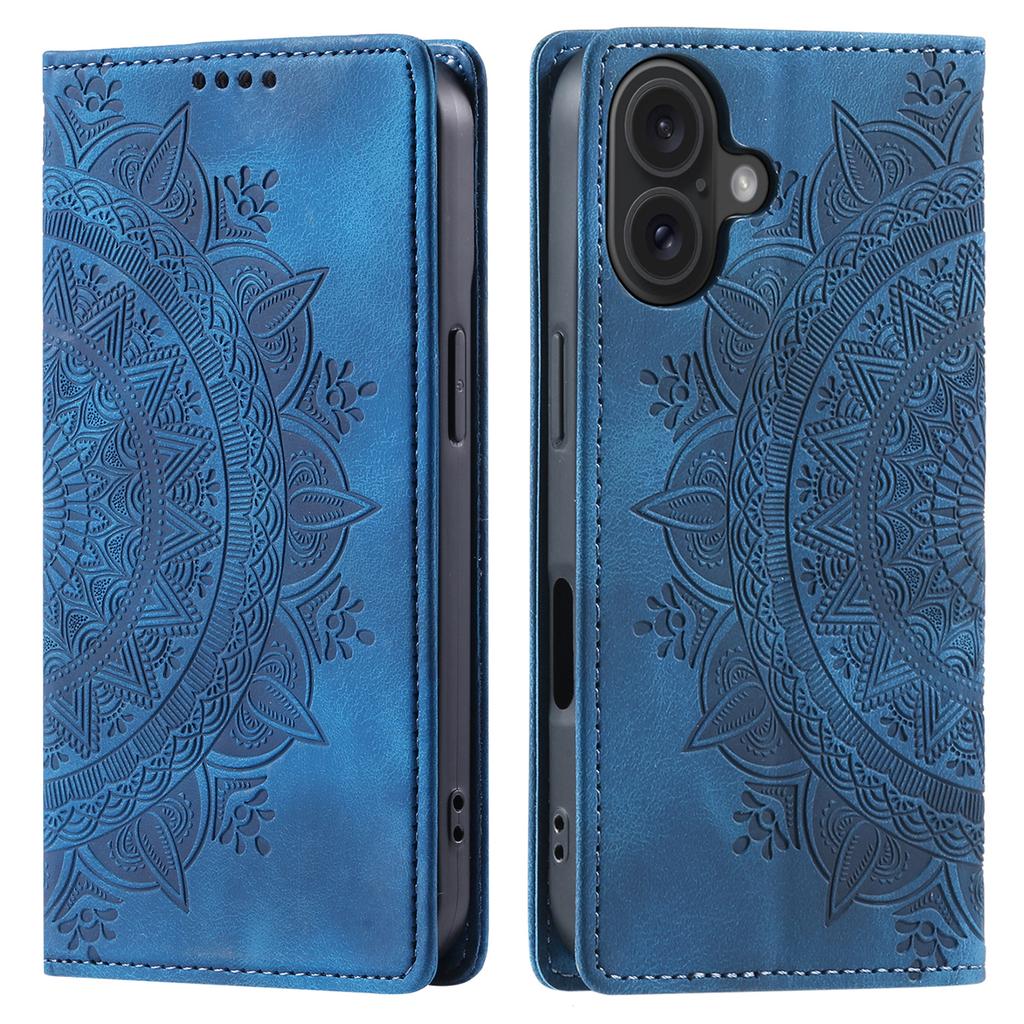 Style-010 For iPhone 16 Plus Case Imprinted Leather Phone Cover Magnetic Auto Closing