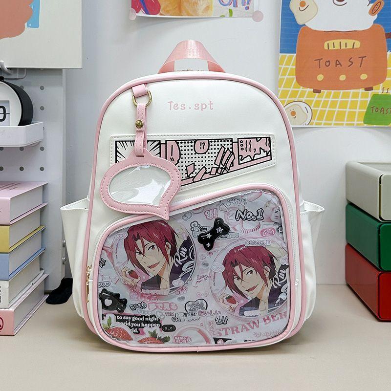 

JIAERDI Color Block Comic Backpack Women Anime Badge Transparent Ita Bag Ladies Large Capacity Waterproof Campus Mochilas Mujer 28x33x10cm рожевий
