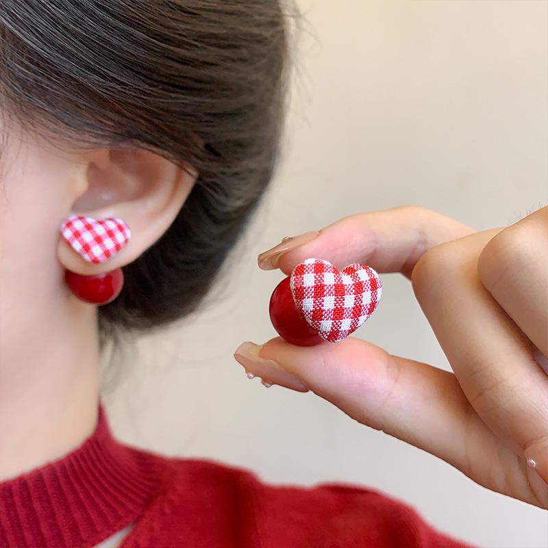 Good Luck Red Stud Earrings For Women Simple Flower Love Heart Geometric Earring New Year Christmas Festival Jewelry Gifts