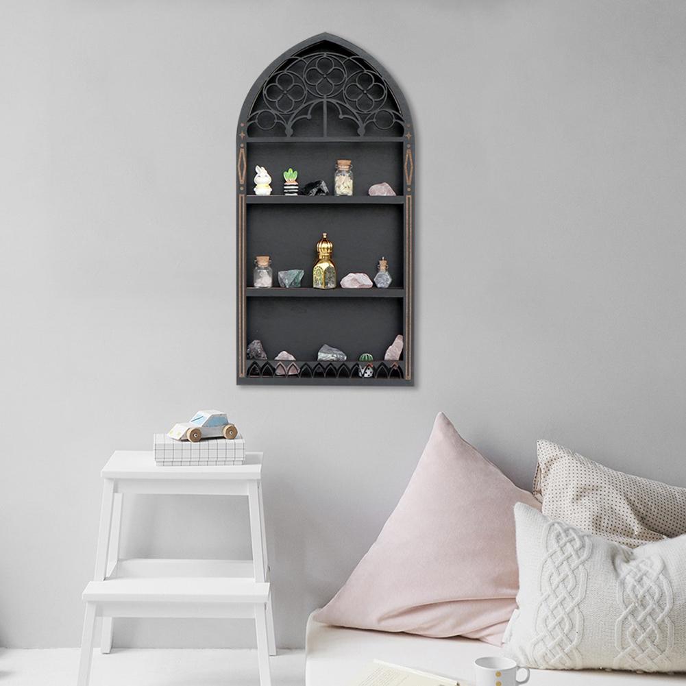 Wall Display Shelf Wood Church Window Design Stones Holder Black Wooden Shelf For Wall For Office Gothic Room Decoration