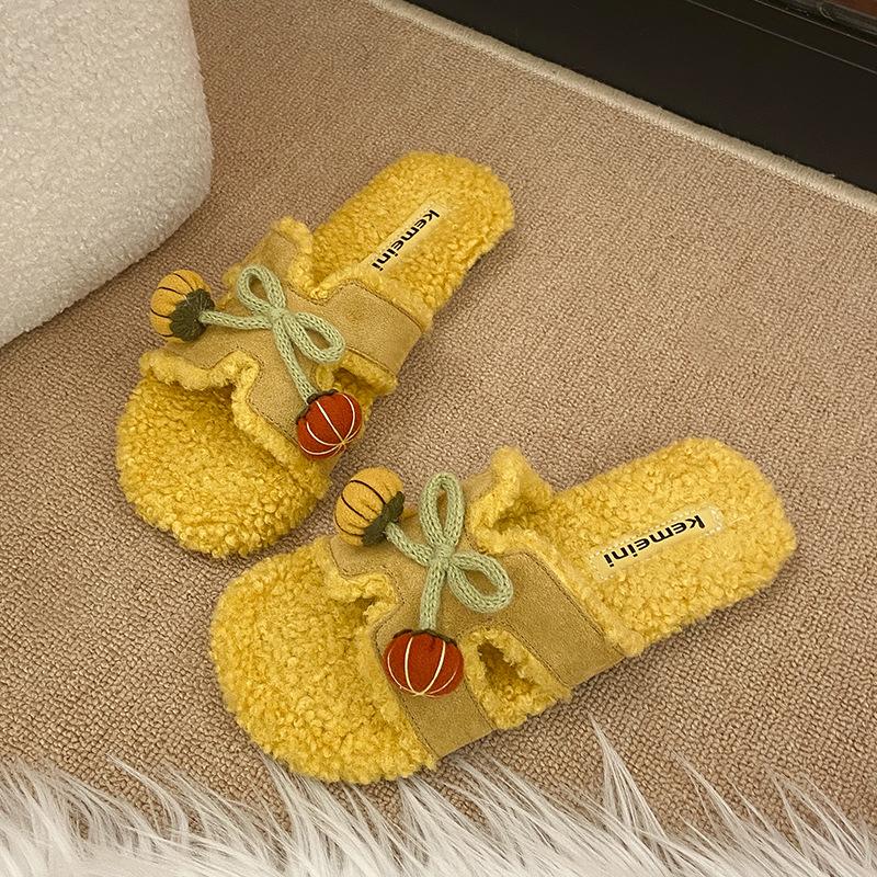Fashion versatile cute cartoon girl one-word fluffy slippers women's 2025 autumn and winter new home thermal cotton slippers