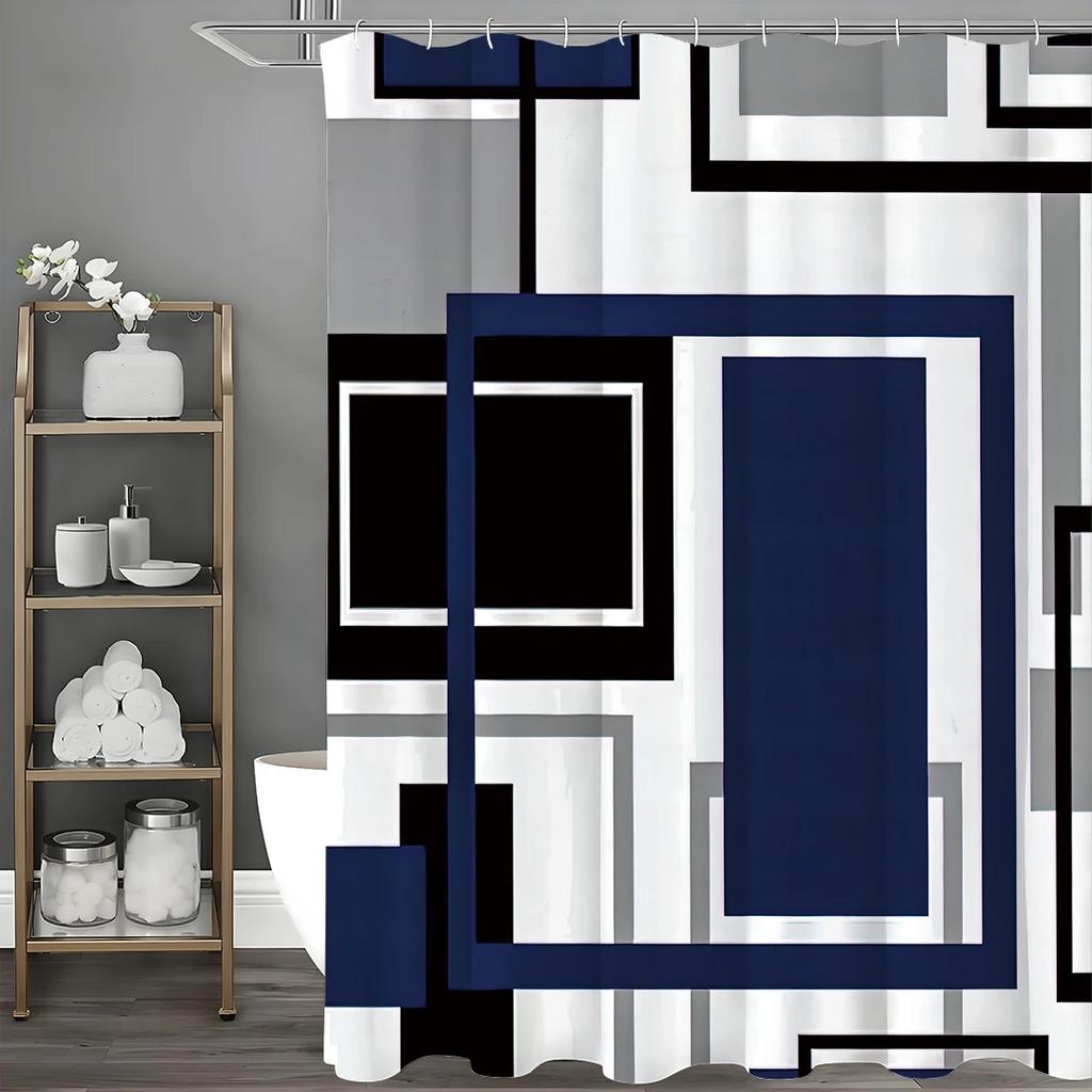 Blue Geometric Shower Curtain – Navy, Black & Gray Modern Design, Waterproof Bathroom Decor