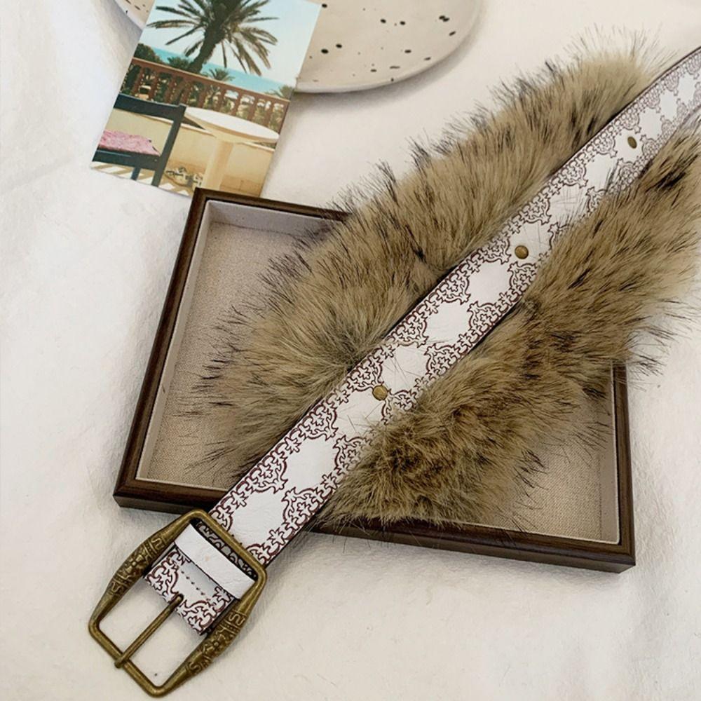 Trendy Design Faux Fur Belts Y2K Embossed Antique Bronze Belt Retro Waist Belts  Women Fashion