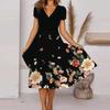 V-Neck Short Sleeve Large Hem Midi Dress Colorful Flower Printing Ladies Casual Dress