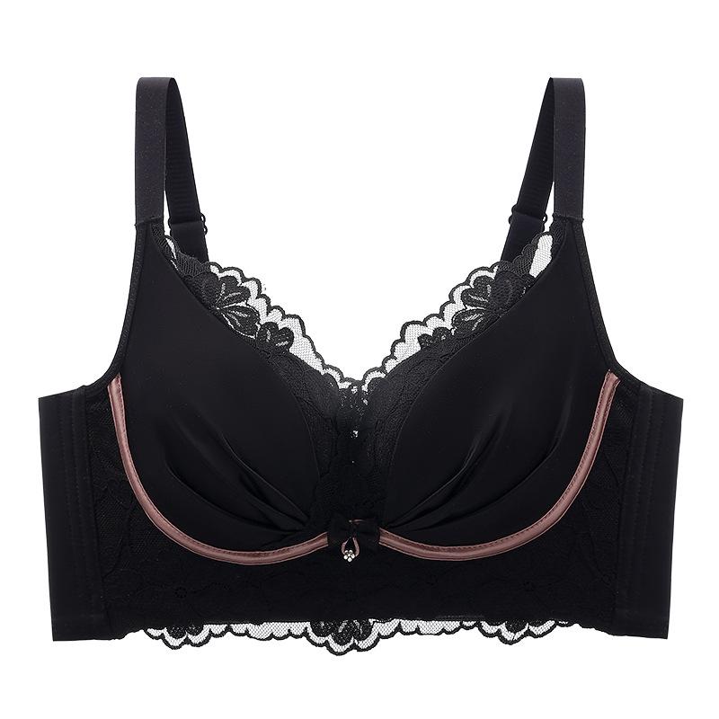 Black Gold Mulberry Silk Satin Lace Wireless Anti-Sagging Bra 2220#